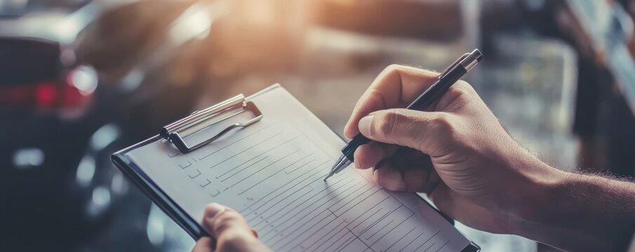 Man filling out a checklist on a clipboard with a pen in hand near a car in a garage or service center