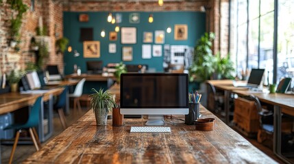 Cozy Workspace in a Modern Cafe with Creative Decor and Plants