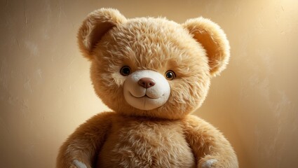 Fototapeta premium golden brown teddy bear with a soft, plush texture, endearing facial features, and a hint of endearment in its expression, placed against a warm, creamy-colored background with subtle texture