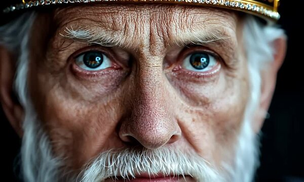 Close-up portrait of a stern, elderly man wearing a jeweled crown.