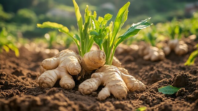 Fresh ginger root with bright green leaves grows directly from the fertile soil