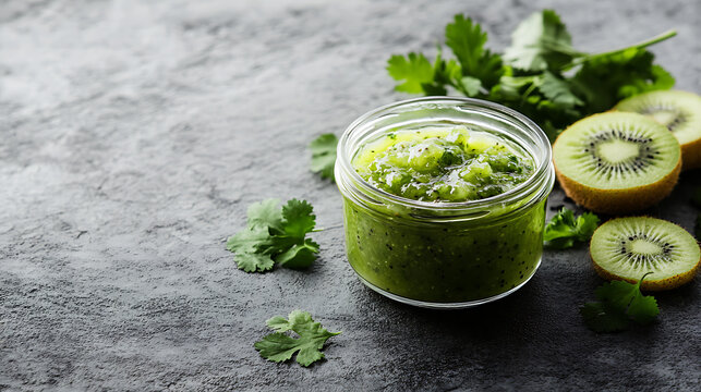 Kiwi Salsa: A vibrant green salsa in a jar, paired with fresh kiwi slices and cilantro sprigs on a textured grey surface. - Powered by Adobe