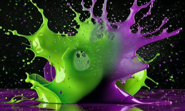 Dynamic Splash Of Green And Purple Paint Against A Black Background