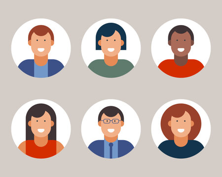 Business man and woman diverse smiling portrait faces people avatar vector flat illustration collection set
