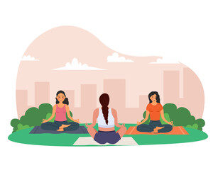 Group of people practicing yoga in a park vector illustration 