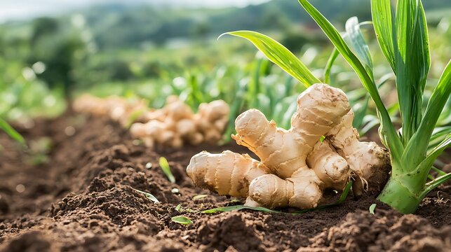 Freshly harvested ginger root thrives amidst fertile soil with vibrant green leaves on a bright day