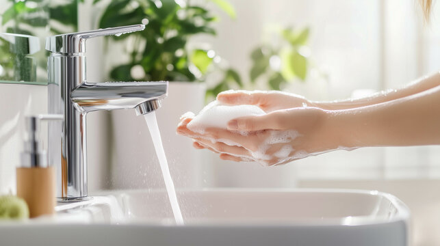 A person washing her hands in the sink.