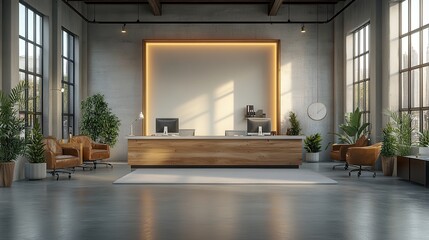 Modern Office Reception Area with Elegant Design and Natural Light