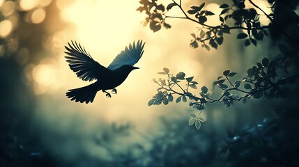 Fototapeta premium Enigmatic silhouette of a bird in flight against a radiant yet mysterious backdrop