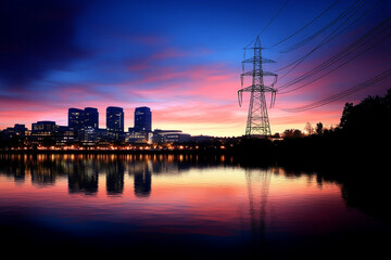 Fototapeta premium Temporary power generators supplying energy at dusk near city skyline and water body