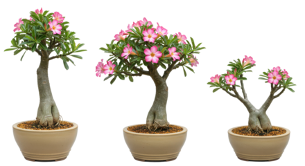 Three desert rose bonsai trees with pink flowers in pots isolated