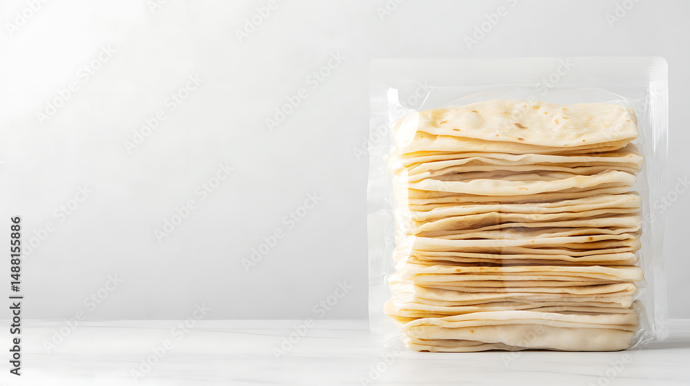 Poster stack of flatbreads: a package of fresh flatbreads are stacked high, ready for filling and rolling, 