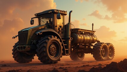 Fototapeta premium large green tractor large tires driving desert like landscape tractor center sun setting background casting warm orange glow over scene sky filled clouds horizon visible distance ground covered small