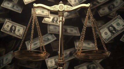Golden Scales of Justice Amidst a Shower of Money: A Conceptual Image Representing the Interplay Between Law, Finance, and Ethics.