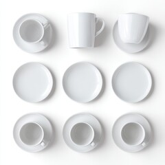An empty cup accompanied by a plate is set against a plain white background, with every element sharp and clear