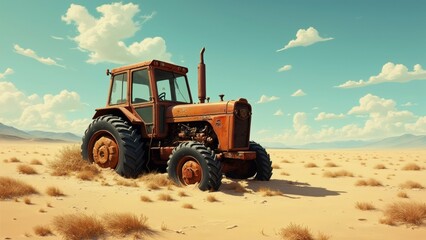 Fototapeta premium old rusty tractor middle vast desert tractor orange color has large black tires parked center front wheel facing towards right side frame background vast expanse sand dunes mountains distance sky