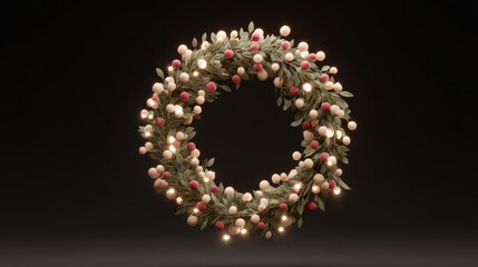 glowing christmas wreath adorned with twinkling lights set against transparent background