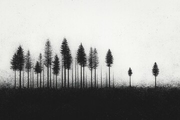 A striking black and white forest scene in minimalist art style.