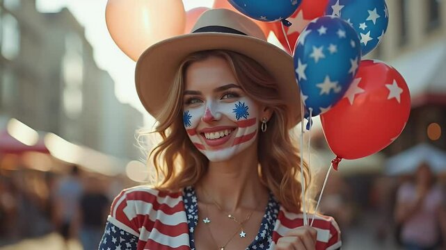 Smiling Woman Wearing Hat Holding Balloons In Outdoor Setting