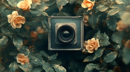 Vintage camera nestled among delicate roses evokes timeless photography