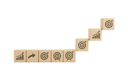 Step-by-Step Business Development – Icons on Wooden Stairs