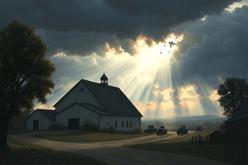 Turkeys roam freely on the farm as dark clouds gather above during late afternoon