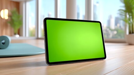 Tablet with Green Screen on Wooden Floor in Modern Room with Large Windows and Bright Interior