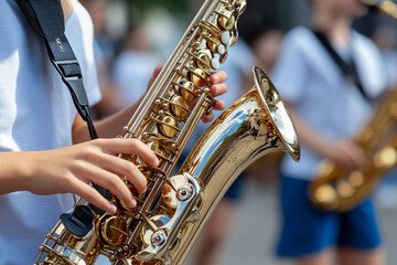 Obraz premium Two musicians play saxophones together at a lively outdoor performance