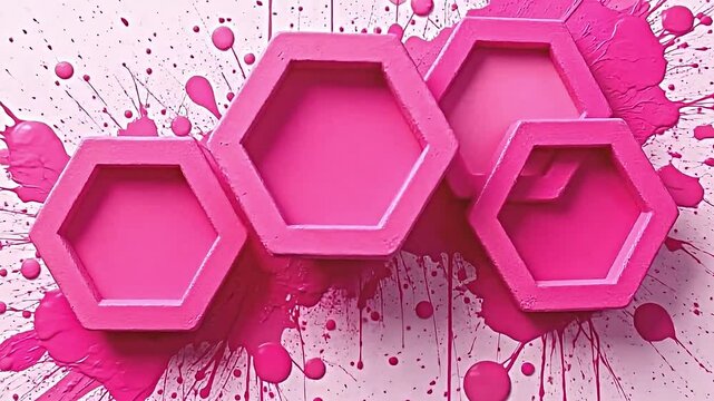 dynamic abstract pink geometric interpretation, curving hexagonal shapes in 3d space, lively textured background with splashes and drips of vibrant paint
