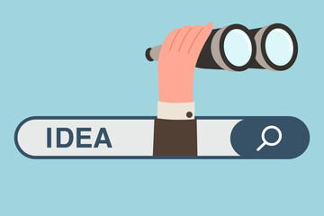 Searching for big idea to start business, analyzing proposed startups for investment and financial growth, precision in setting business goals, hand holding binoculars in the search bar with an idea.