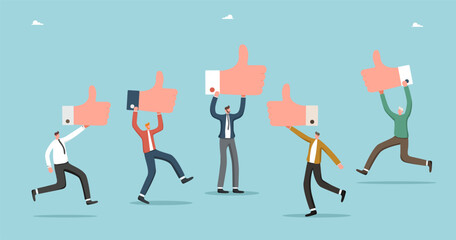 Customer feedback on product or service quality, five star rating, teamwork to get positive service feedback, experience, evaluation rating, user satisfaction, men with thumbs up.
