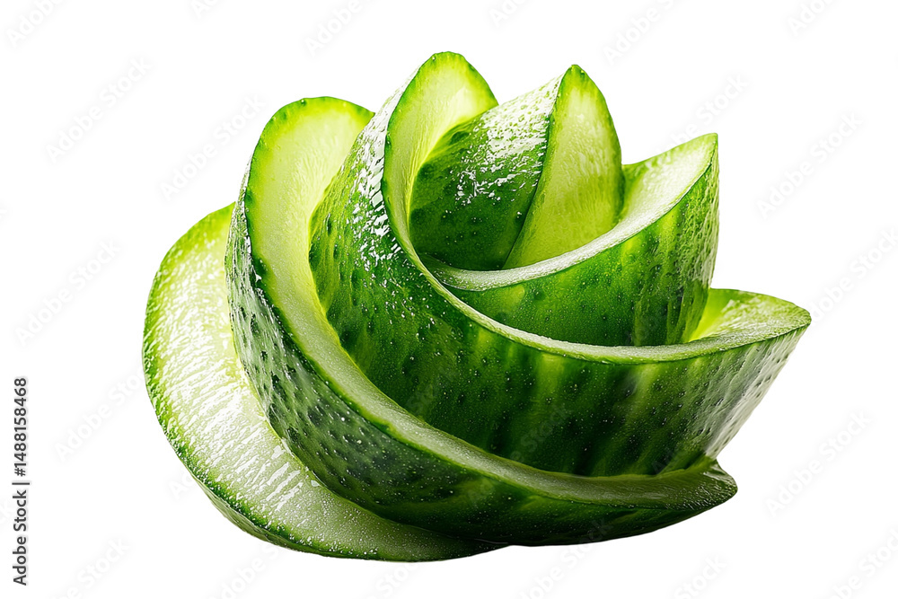 Poster spiral twist of fresh green cucumber slice isolated transparency background with vibrant texture