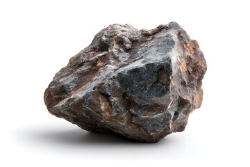 Obraz premium Dark rough rock isolated on white background, natural black stone texture, realistic geology element