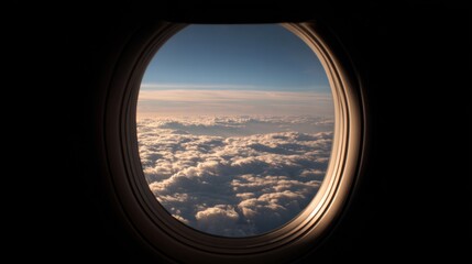 View Through Airplane Window of Soft Clouds and Vibrant Sky at Sunset Over the Horizon