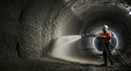 Tunnel Construction: Worker Spraying Concrete