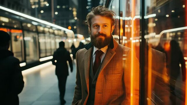 In the heart of a vibrant city, a bearded man in a sharp coat stands near the train tracks, surrounded by the glow of city lights, pondering new journeys as commuters bustle by