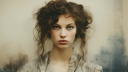 A young woman with striking features gazes directly at the viewer, her curly hair framing her face. The ambient light softly highlights her contemplative expression, creating a mesmerizing atmosphere - Powered by Adobe