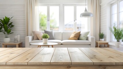 Fototapeta premium Modern Living Room with Wood Table and Cozy Interior Design Elements