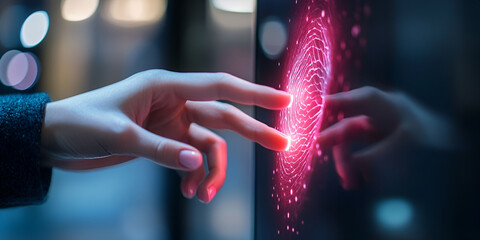 Finger touching glowing digital fingerprint scanner, Biometric security with digital interface, Futuristic identity verification technology
