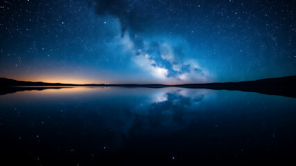 Milky Way Galaxy Reflection in Calm Lake at Night