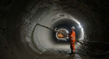 Tunnel Construction: Worker Applying Concrete Lining