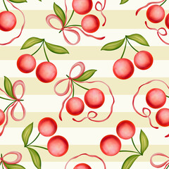 Seamless pattern of cherries tied with a bow on pink and white horizontal stripes. Cute watercolor cherries for textiles and packaging, posters, prints, greeting cards, children's room.