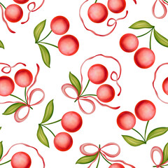 Seamless watercolor pattern of cherries with bow on white background. Fresh surface design of ripe cherries with green stems and leaves for packaging, summer collections, prints, posters.