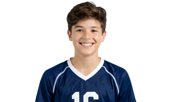 Youth boy volleyball player in jersey number 16 smiling on isolated background