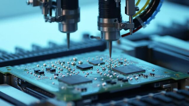 Precision machines apply solder to a circuit board in a high-tech production space. This process showcases the intricate work involved in electronics assembly.