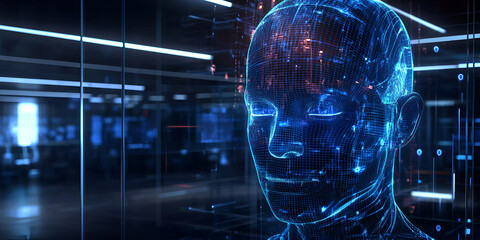 Futuristic digital human head hologram with data overlay, AI technology concept with glowing blue head, Advanced artificial intelligence visualization

