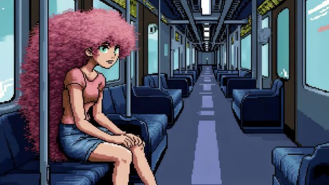 Retro anime style illustration or animation features a young person with long pink hair sitting alone on an empty train. Represents urban travel solitude and nostalgic journey. Ideal for anime and ret