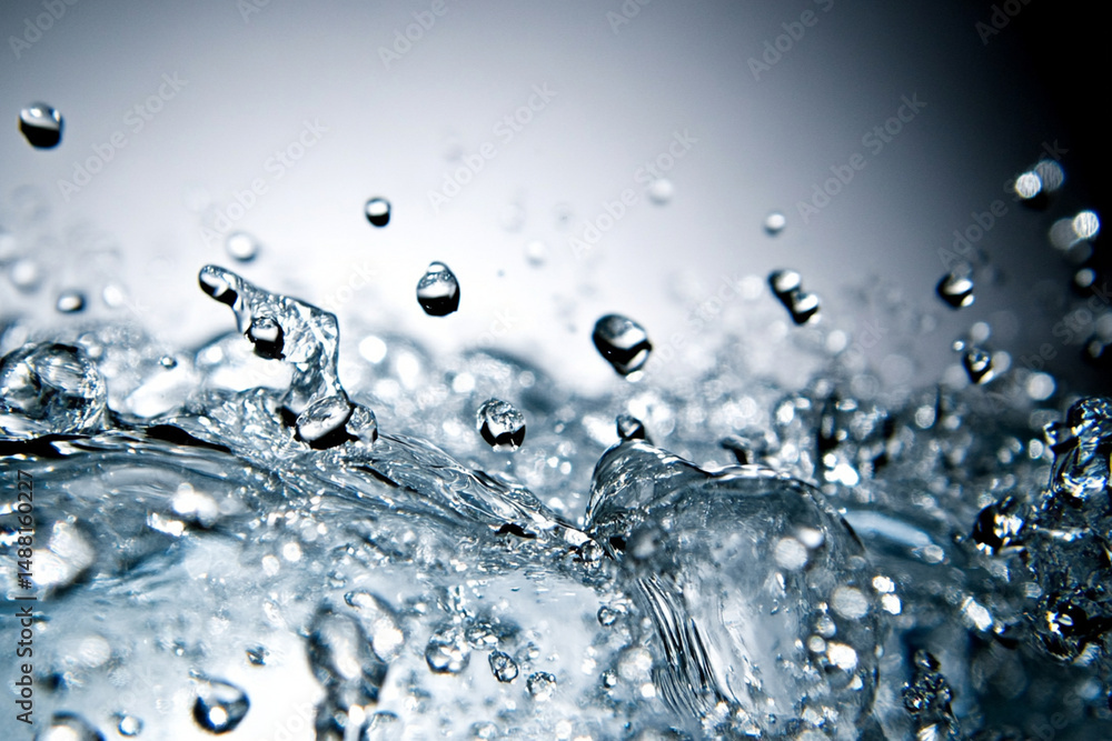 Poster water splashes creating dynamic liquid effects under soft light in a serene environment