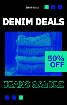 Modern denim sale mock-up template with 50% off promo, stacked jeans background, vertical fleyer