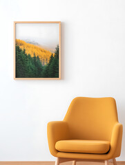 A captivating image of forest with contrasting colors. The artwork adorns a minimalist wall, complemented by a stylish ochre armchair.